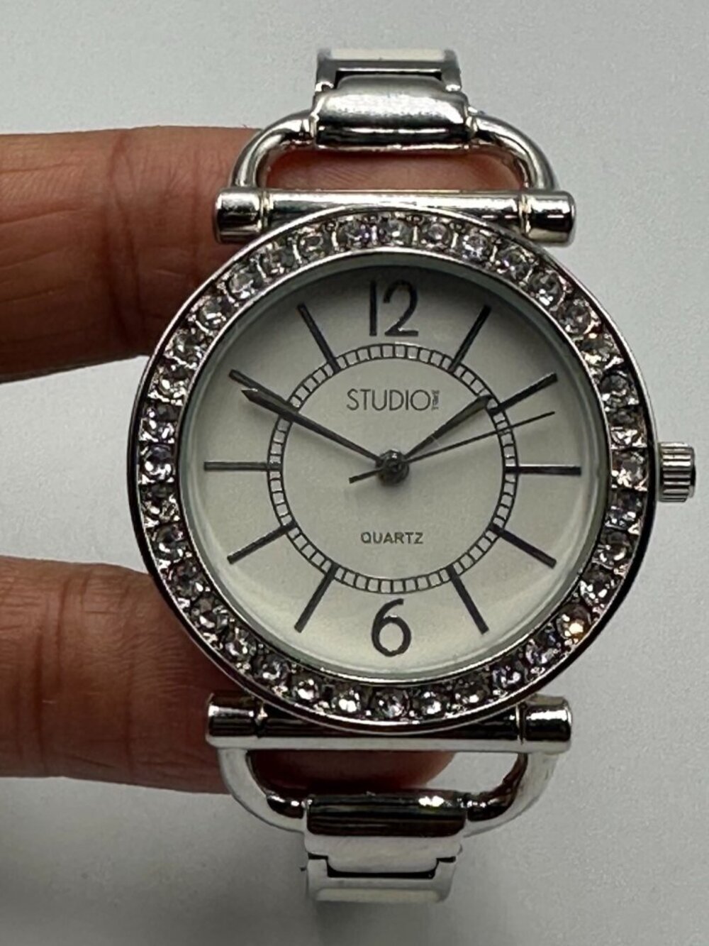 3/$30 Studio Time Watch Women Silver Rhinestone Bezel White Enamel Band 6.25"